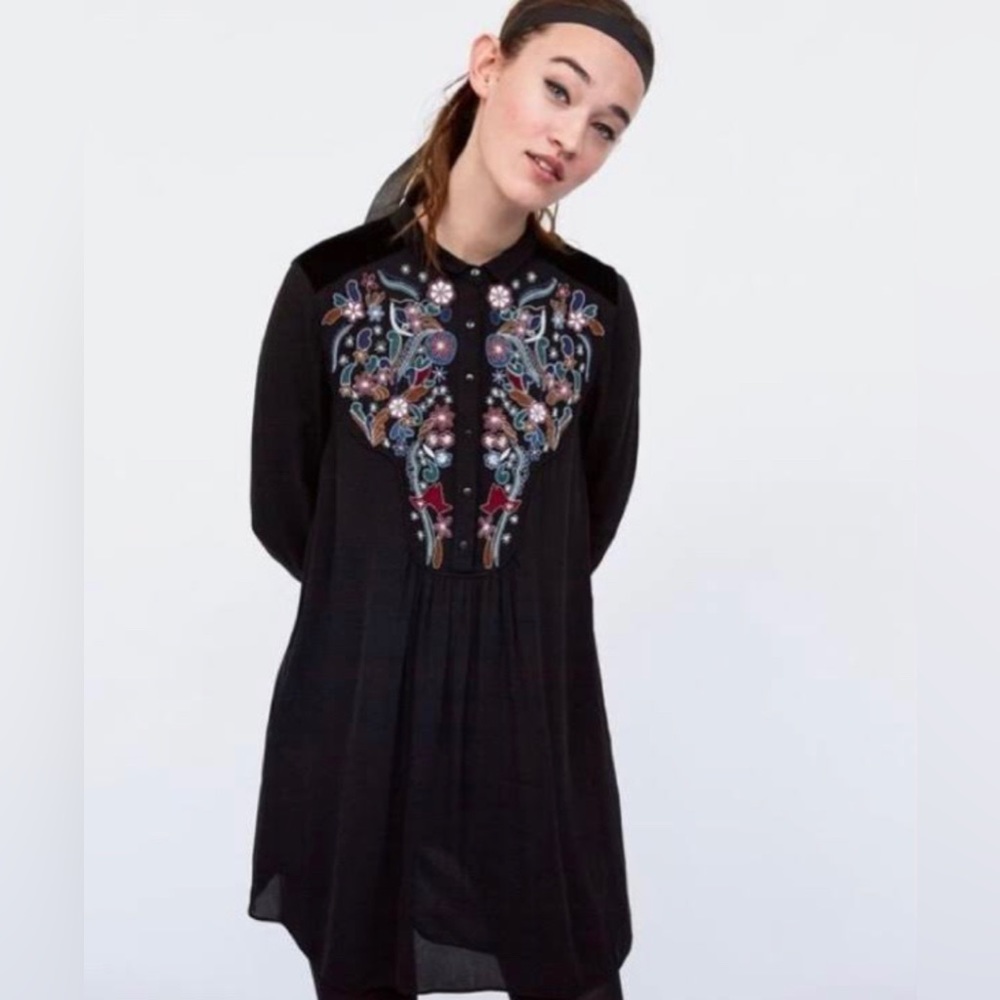 Zara Black Embroidered Long Sleeve Dress With Velvet Details